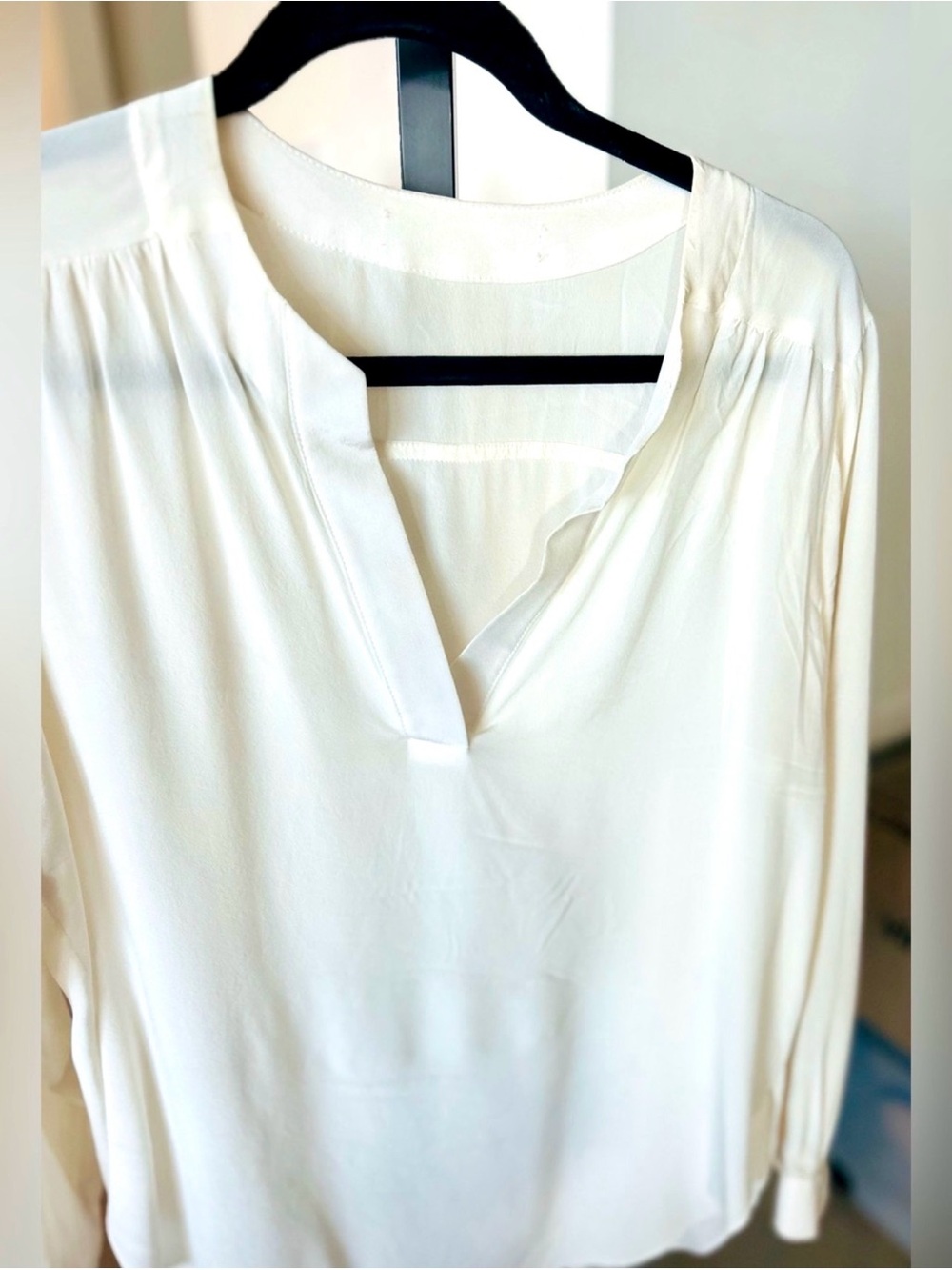 Classic V-Neck Women's Blouse - flowing full sleeves cream.  Feels like silk